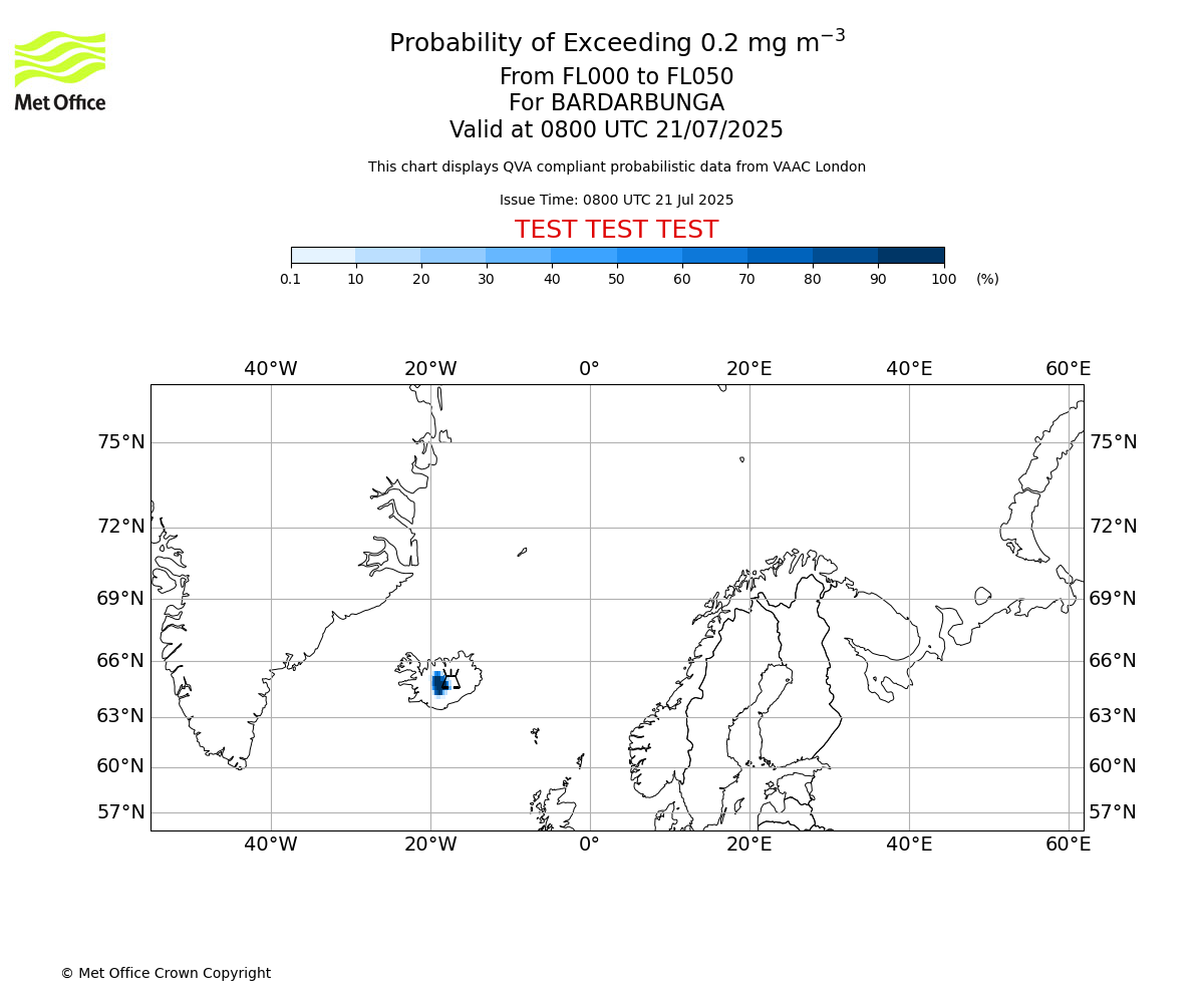 Probability of exceeding 0.2 milligrams per metre cubed. From 000 to 050 for BARDARBUNGA. Valid at 0800 UTC 21/07/2025
