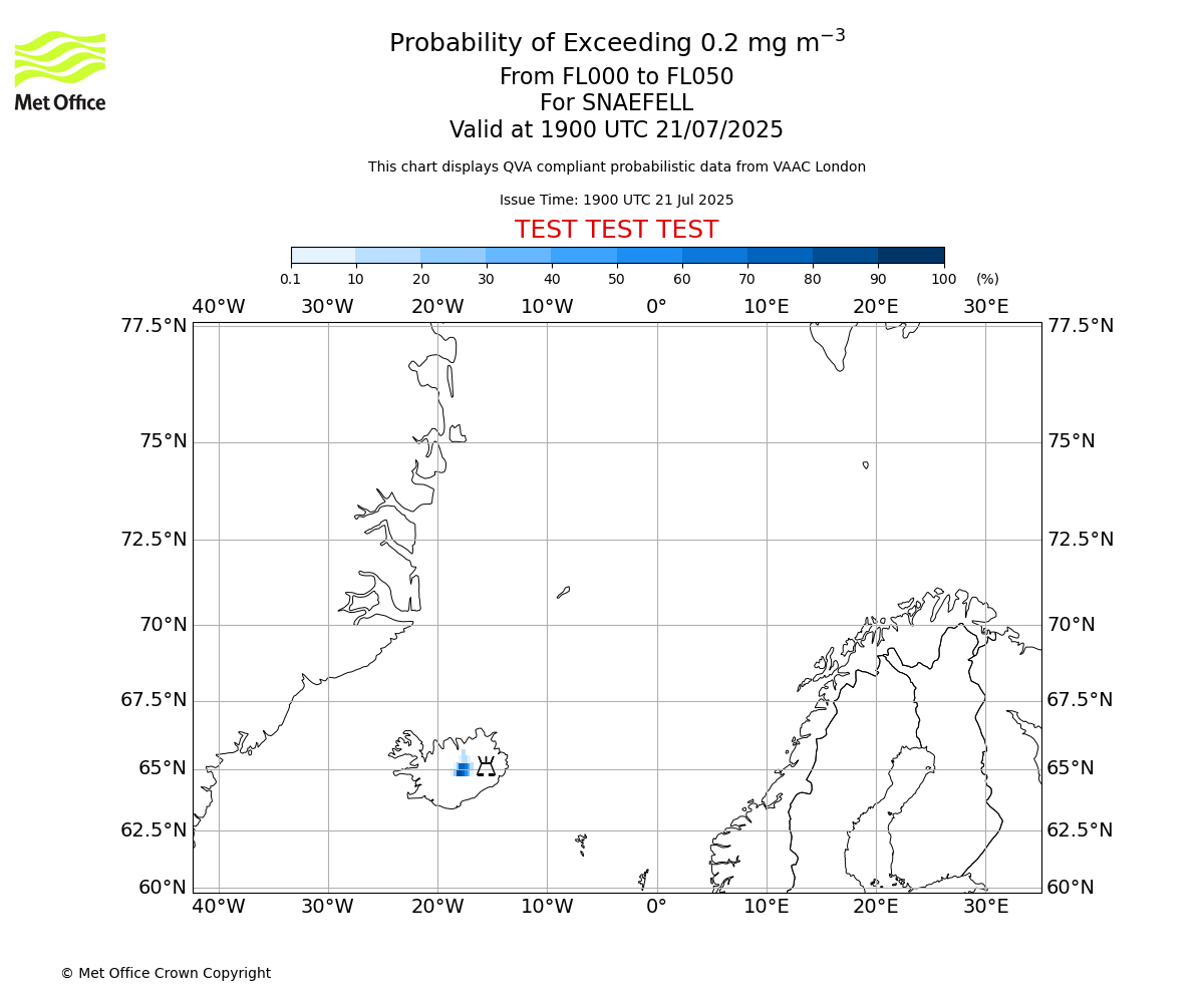 Probability of exceeding 0.2 milligrams per metre cubed. From 000 to 050 for SNAEFELL. Valid at 1900 UTC 21/07/2025