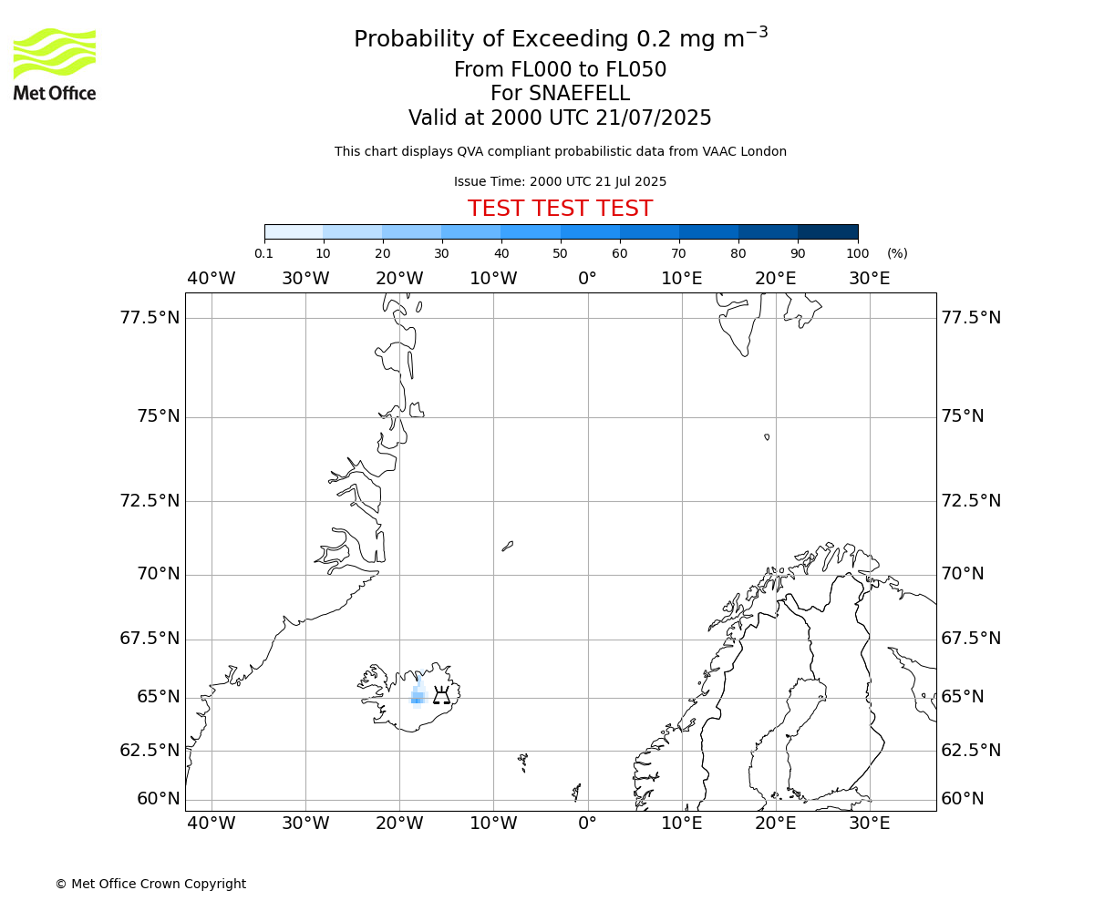 Probability of exceeding 0.2 milligrams per metre cubed. From 000 to 050 for SNAEFELL. Valid at 2000 UTC 21/07/2025