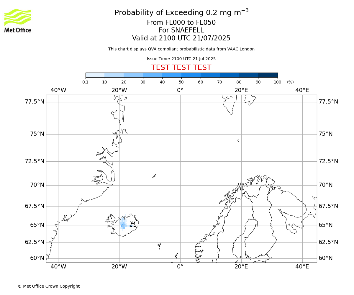 Probability of exceeding 0.2 milligrams per metre cubed. From 000 to 050 for SNAEFELL. Valid at 2100 UTC 21/07/2025