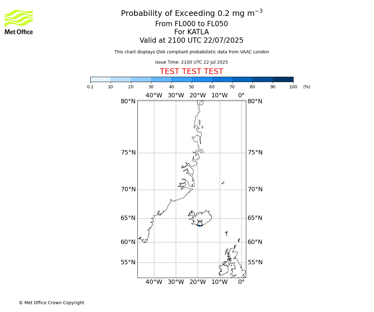 Probability of exceeding 0.2 milligrams per metre cubed. From 000 to 050 for KATLA. Valid at 2100 UTC 22/07/2025