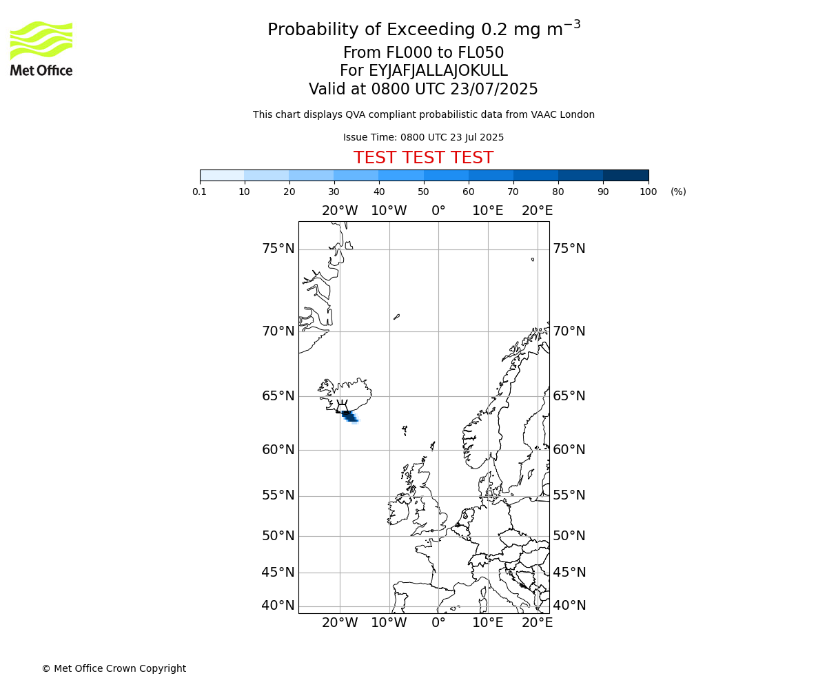 Probability of exceeding 0.2 milligrams per metre cubed. From 000 to 050 for EYJAFJALLAJOKULL. Valid at 0800 UTC 23/07/2025