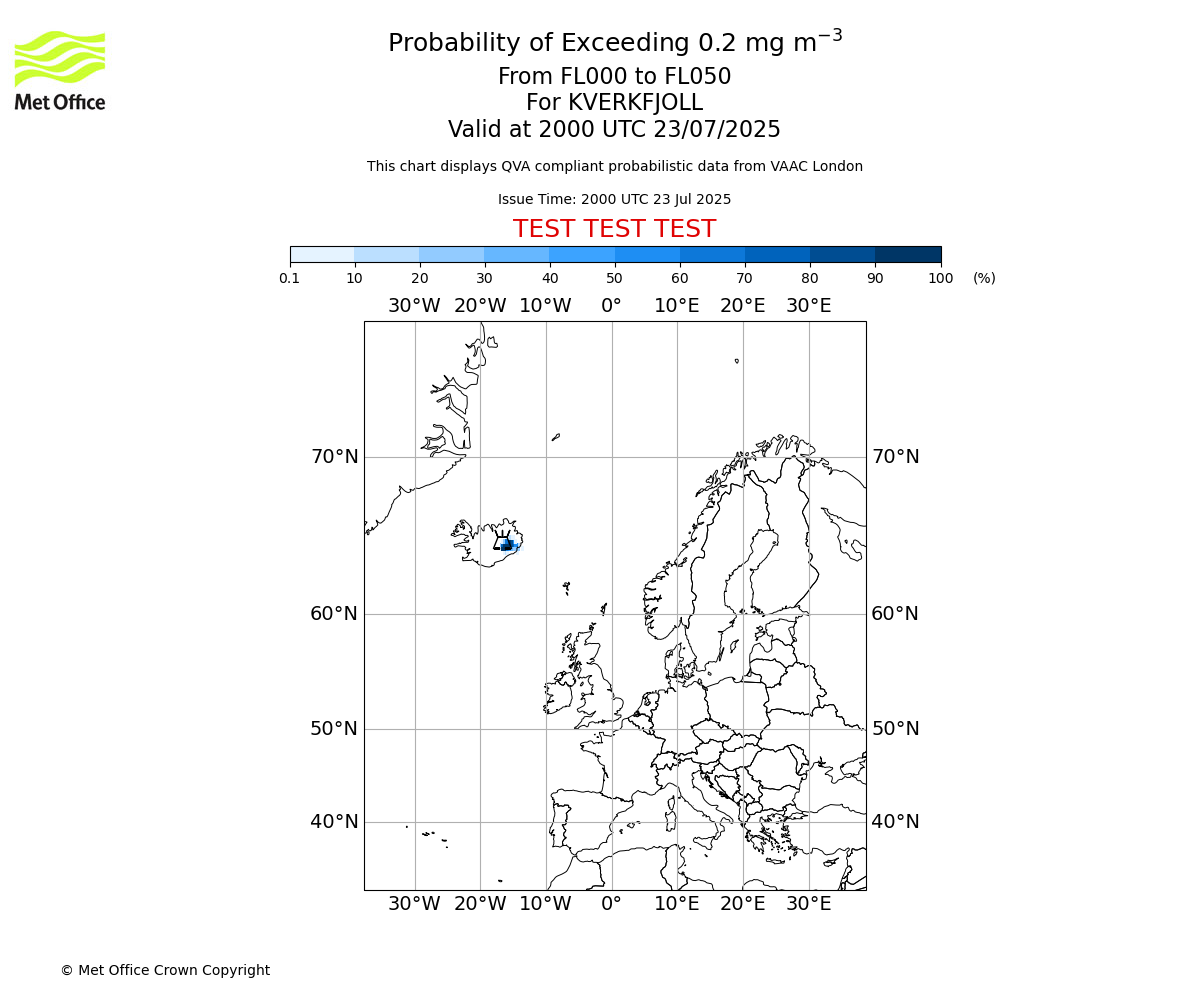 Probability of exceeding 0.2 milligrams per metre cubed. From 000 to 050 for KVERKFJOLL. Valid at 2000 UTC 23/07/2025
