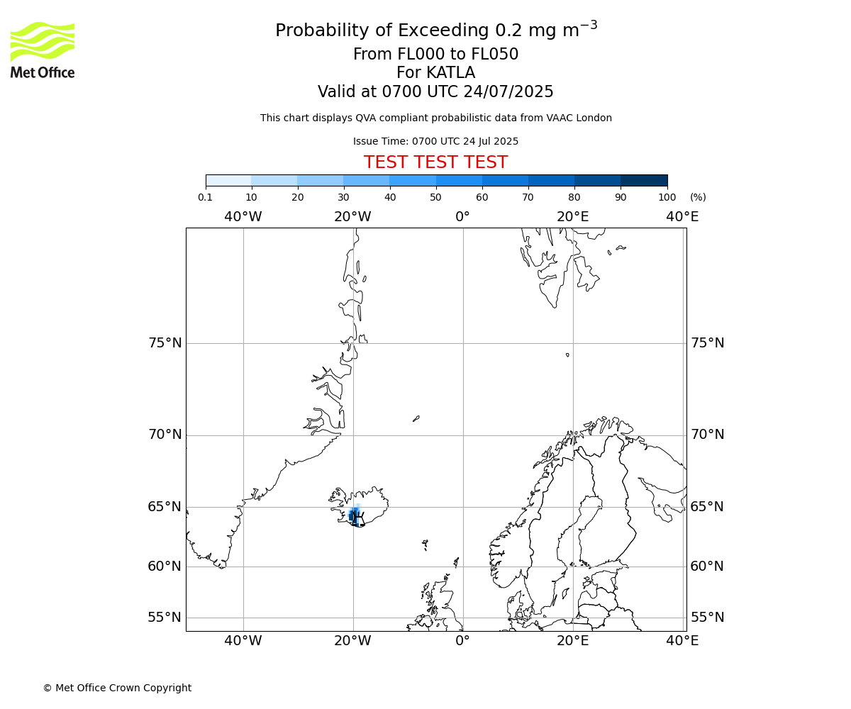 Probability of exceeding 0.2 milligrams per metre cubed. From 000 to 050 for KATLA. Valid at 0700 UTC 24/07/2025