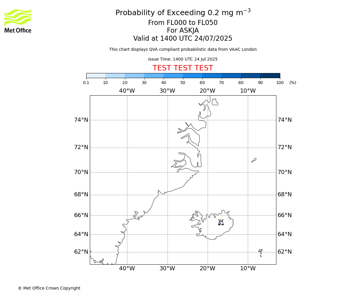 Probability of exceeding 0.2 milligrams per metre cubed. From 000 to 050 for ASKJA. Valid at 1400 UTC 24/07/2025