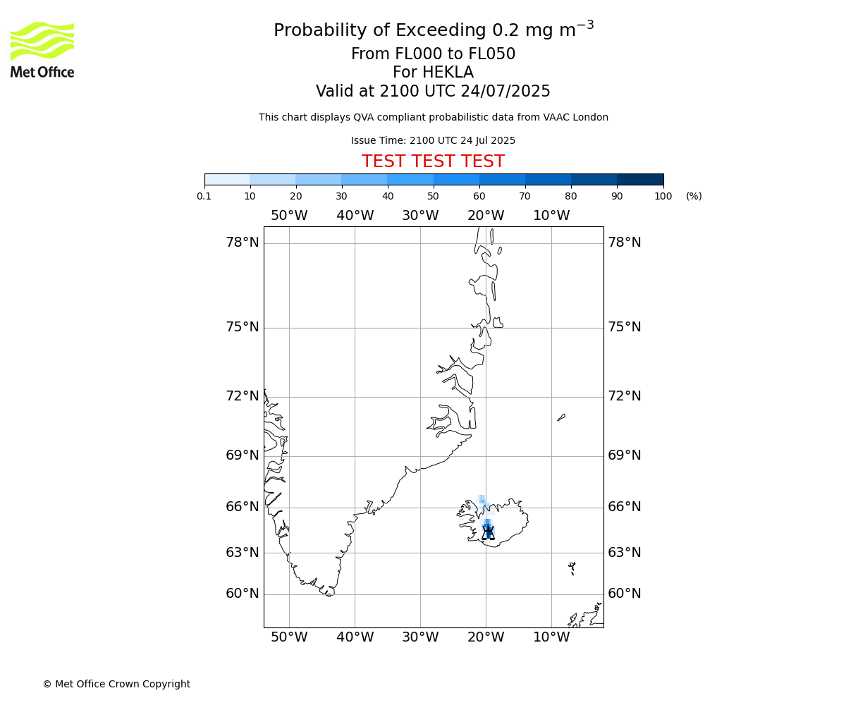 Probability of exceeding 0.2 milligrams per metre cubed. From 000 to 050 for HEKLA. Valid at 2100 UTC 24/07/2025
