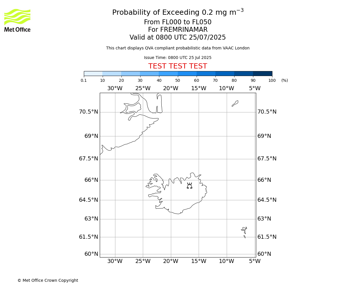 Probability of exceeding 0.2 milligrams per metre cubed. From 000 to 050 for FREMRINAMAR. Valid at 0800 UTC 25/07/2025
