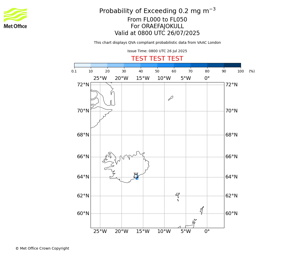 Probability of exceeding 0.2 milligrams per metre cubed. From 000 to 050 for ORAEFAJOKULL. Valid at 0800 UTC 26/07/2025