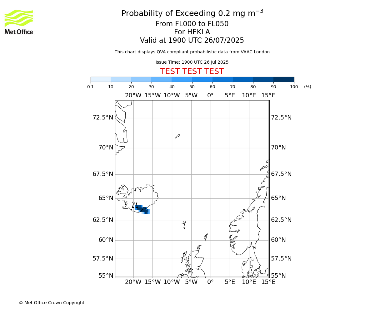 Probability of exceeding 0.2 milligrams per metre cubed. From 000 to 050 for HEKLA. Valid at 1900 UTC 26/07/2025
