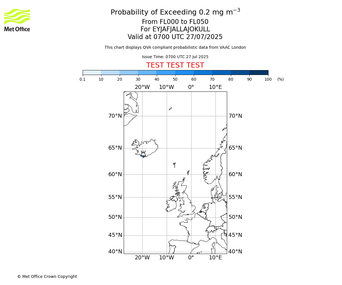 Probability of exceeding 0.2 milligrams per metre cubed. From 000 to 050 for EYJAFJALLAJOKULL. Valid at 0700 UTC 27/07/2025