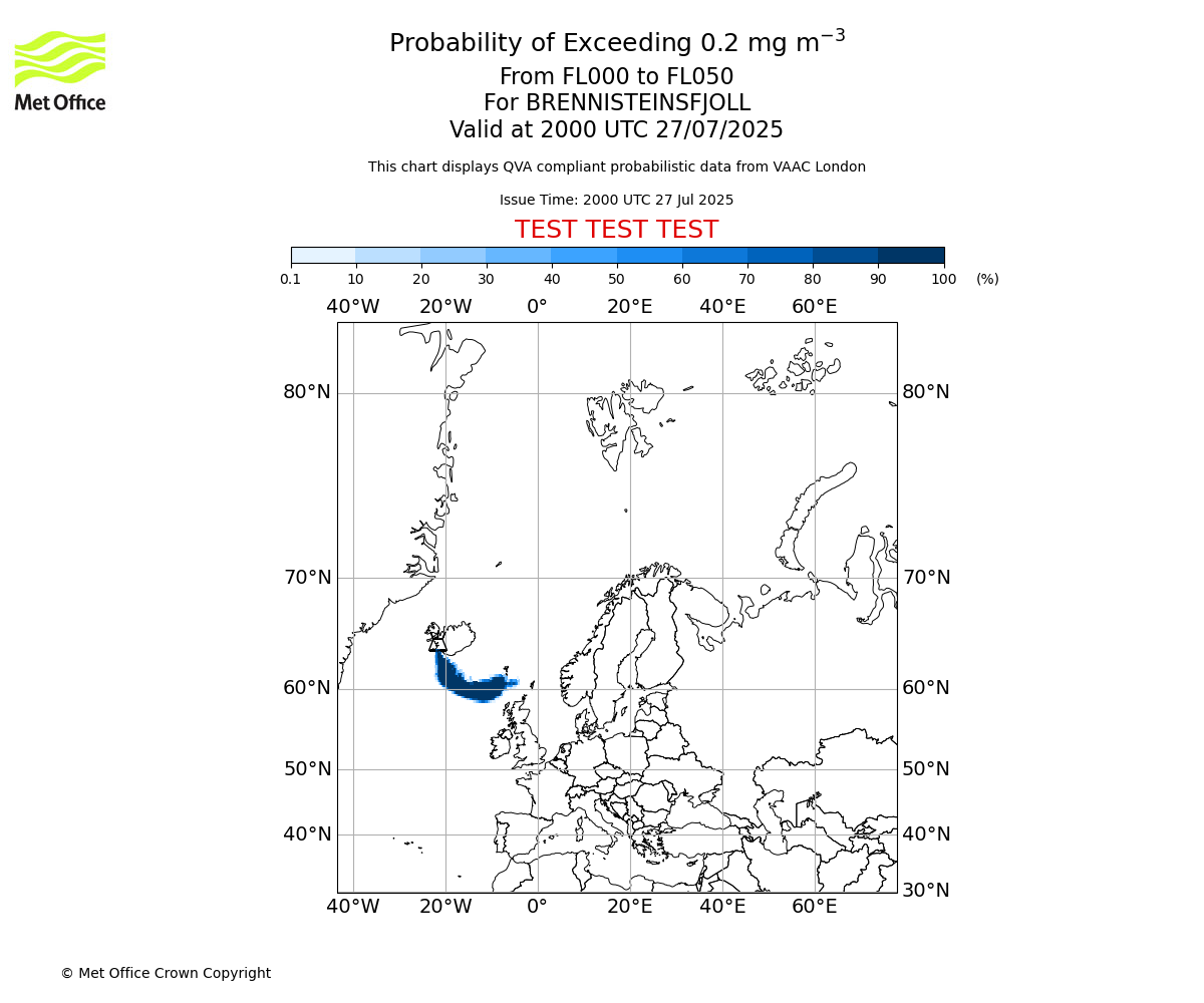 Probability of exceeding 0.2 milligrams per metre cubed. From 000 to 050 for BRENNISTEINSFJOLL. Valid at 2000 UTC 27/07/2025