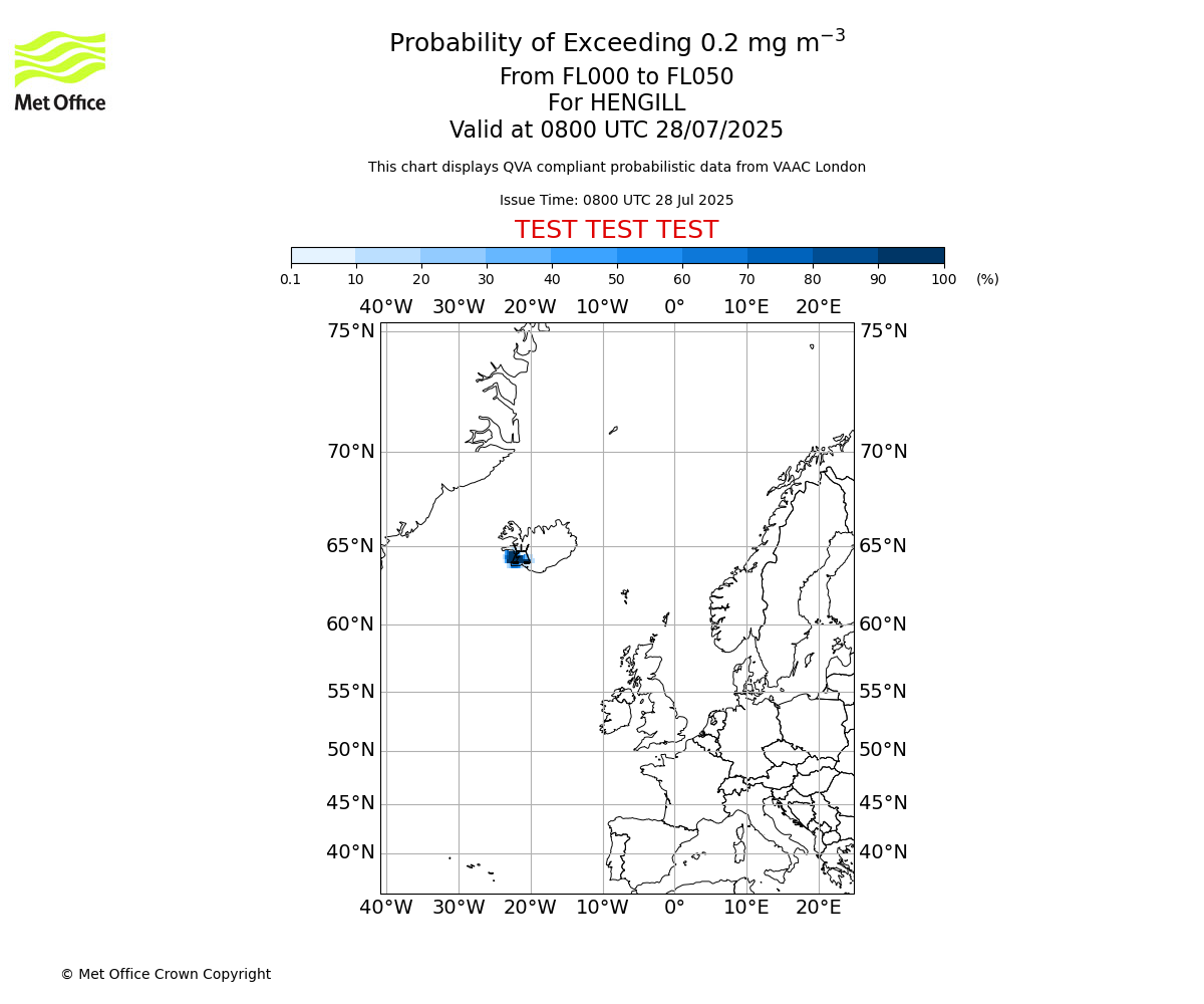 Probability of exceeding 0.2 milligrams per metre cubed. From 000 to 050 for HENGILL. Valid at 0800 UTC 28/07/2025