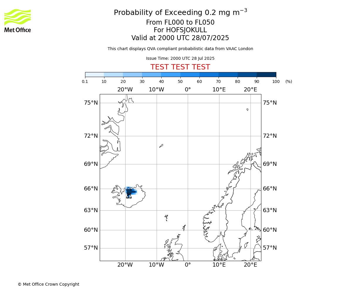 Probability of exceeding 0.2 milligrams per metre cubed. From 000 to 050 for HOFSJOKULL. Valid at 2000 UTC 28/07/2025