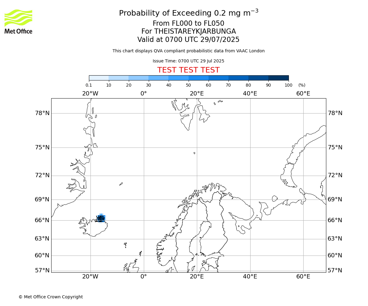 Probability of exceeding 0.2 milligrams per metre cubed. From 000 to 050 for THEISTAREYKJARBUNGA. Valid at 0700 UTC 29/07/2025