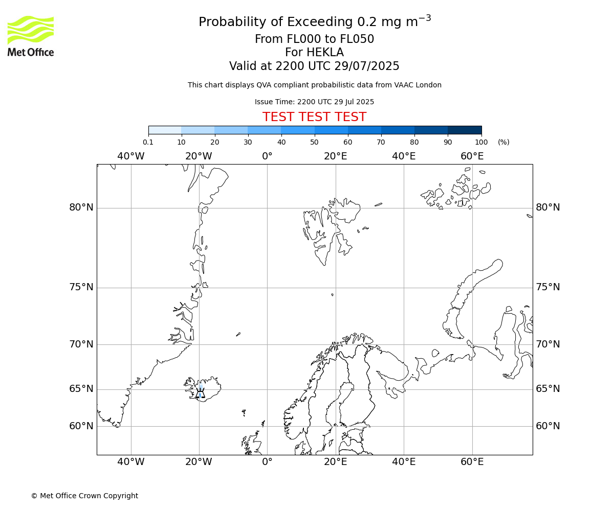 Probability of exceeding 0.2 milligrams per metre cubed. From 000 to 050 for HEKLA. Valid at 2200 UTC 29/07/2025