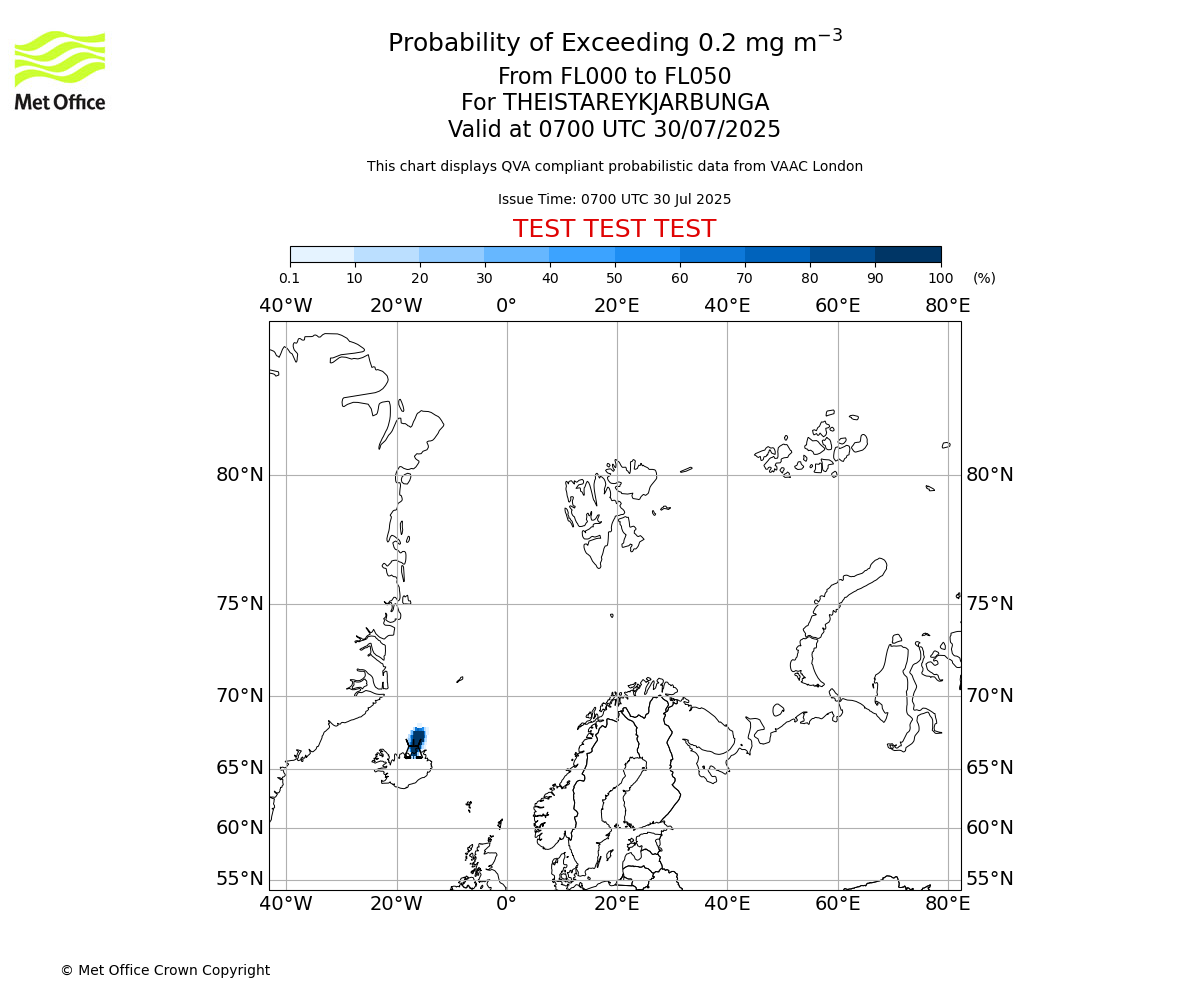 Probability of exceeding 0.2 milligrams per metre cubed. From 000 to 050 for THEISTAREYKJARBUNGA. Valid at 0700 UTC 30/07/2025