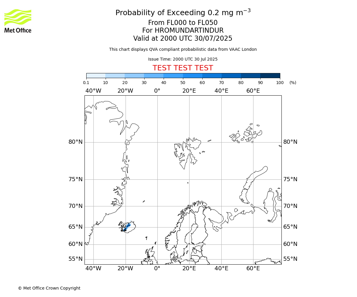 Probability of exceeding 0.2 milligrams per metre cubed. From 000 to 050 for HROMUNDARTINDUR. Valid at 2000 UTC 30/07/2025