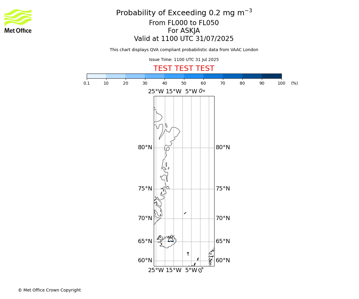 Probability of exceeding 0.2 milligrams per metre cubed. From 000 to 050 for ASKJA. Valid at 1100 UTC 31/07/2025