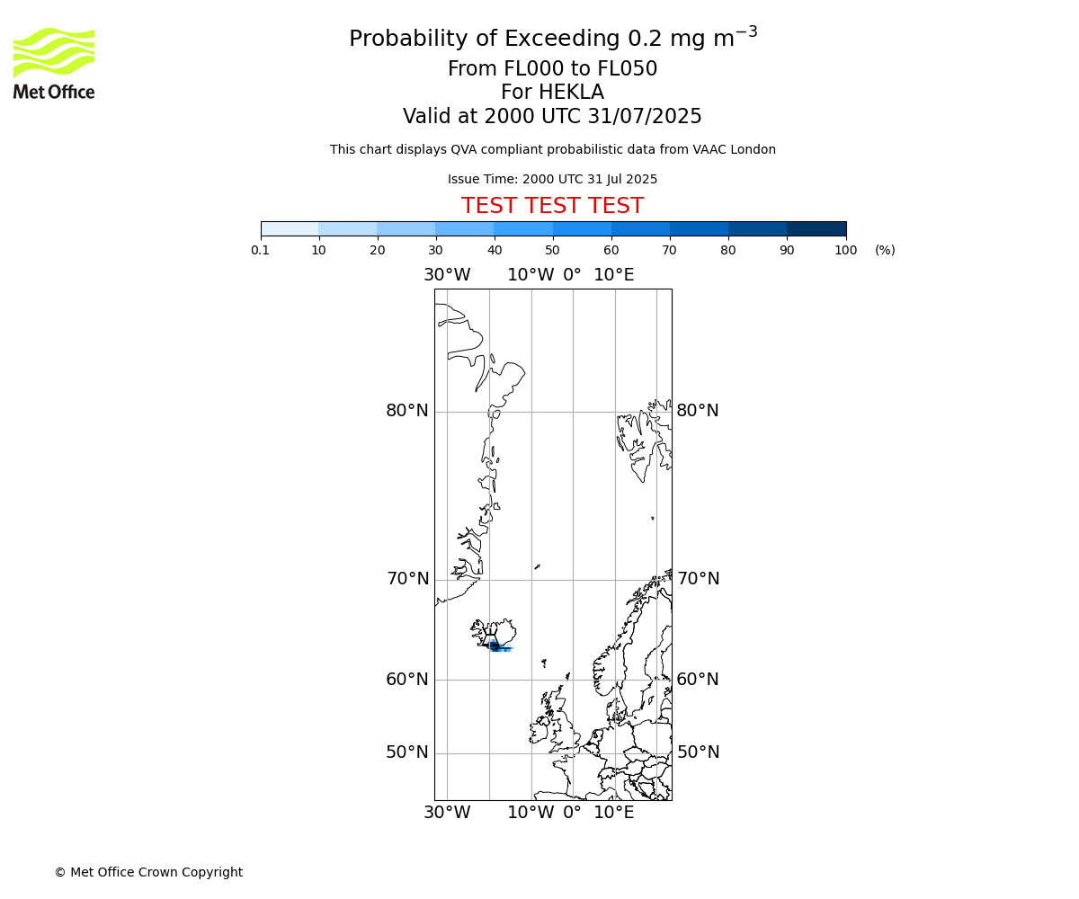 Probability of exceeding 0.2 milligrams per metre cubed. From 000 to 050 for HEKLA. Valid at 2000 UTC 31/07/2025