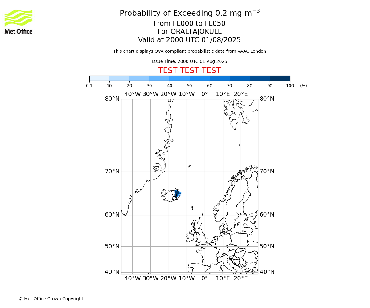 Probability of exceeding 0.2 milligrams per metre cubed. From 000 to 050 for ORAEFAJOKULL. Valid at 2000 UTC 01/08/2025