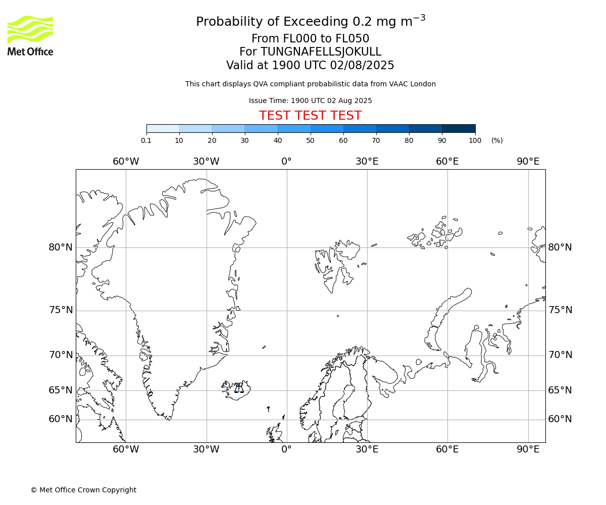 Probability of exceeding 0.2 milligrams per metre cubed. From 000 to 050 for TUNGNAFELLSJOKULL. Valid at 1900 UTC 02/08/2025