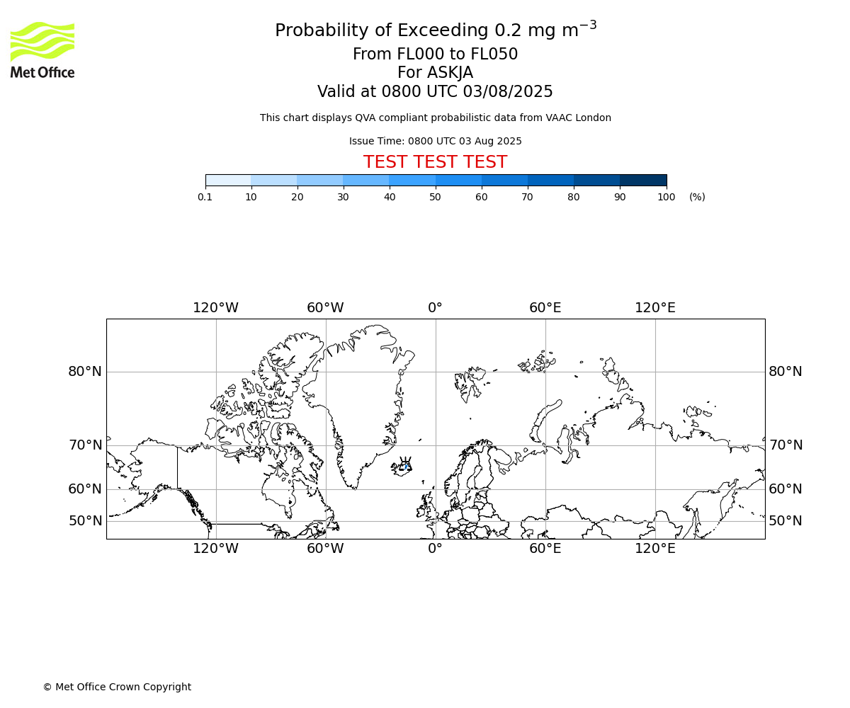 Probability of exceeding 0.2 milligrams per metre cubed. From 000 to 050 for ASKJA. Valid at 0800 UTC 03/08/2025