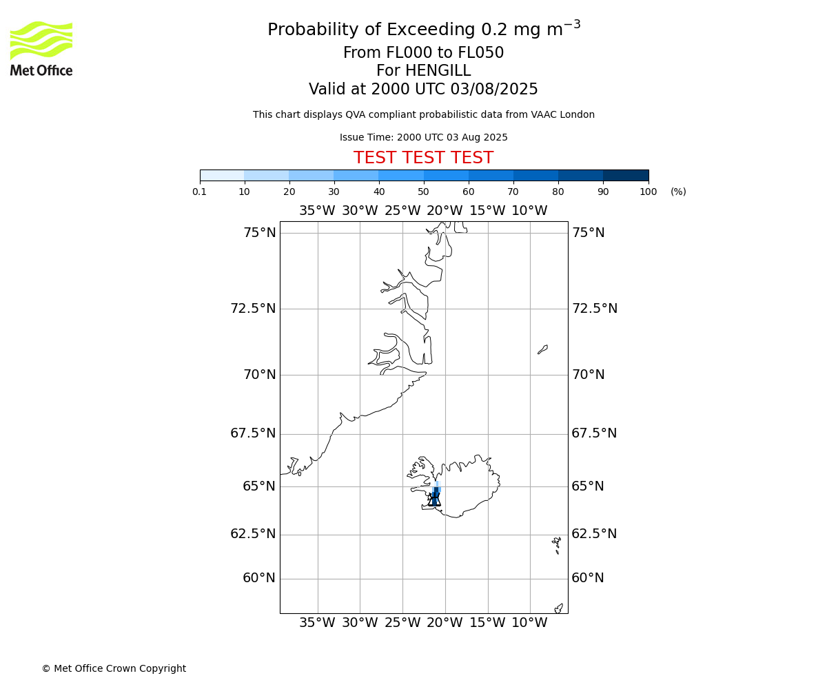 Probability of exceeding 0.2 milligrams per metre cubed. From 000 to 050 for HENGILL. Valid at 2000 UTC 03/08/2025