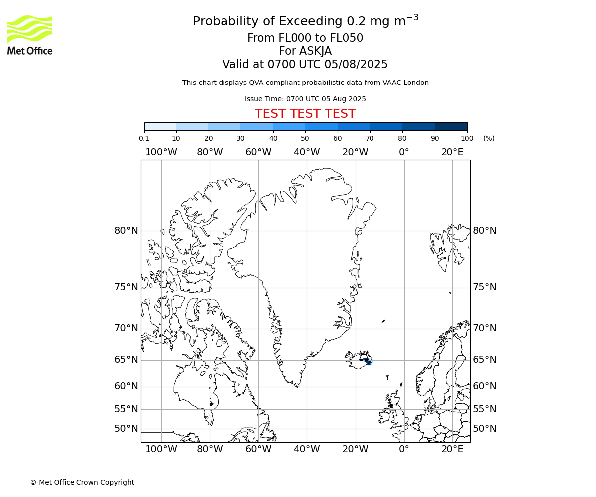 Probability of exceeding 0.2 milligrams per metre cubed. From 000 to 050 for ASKJA. Valid at 0700 UTC 05/08/2025