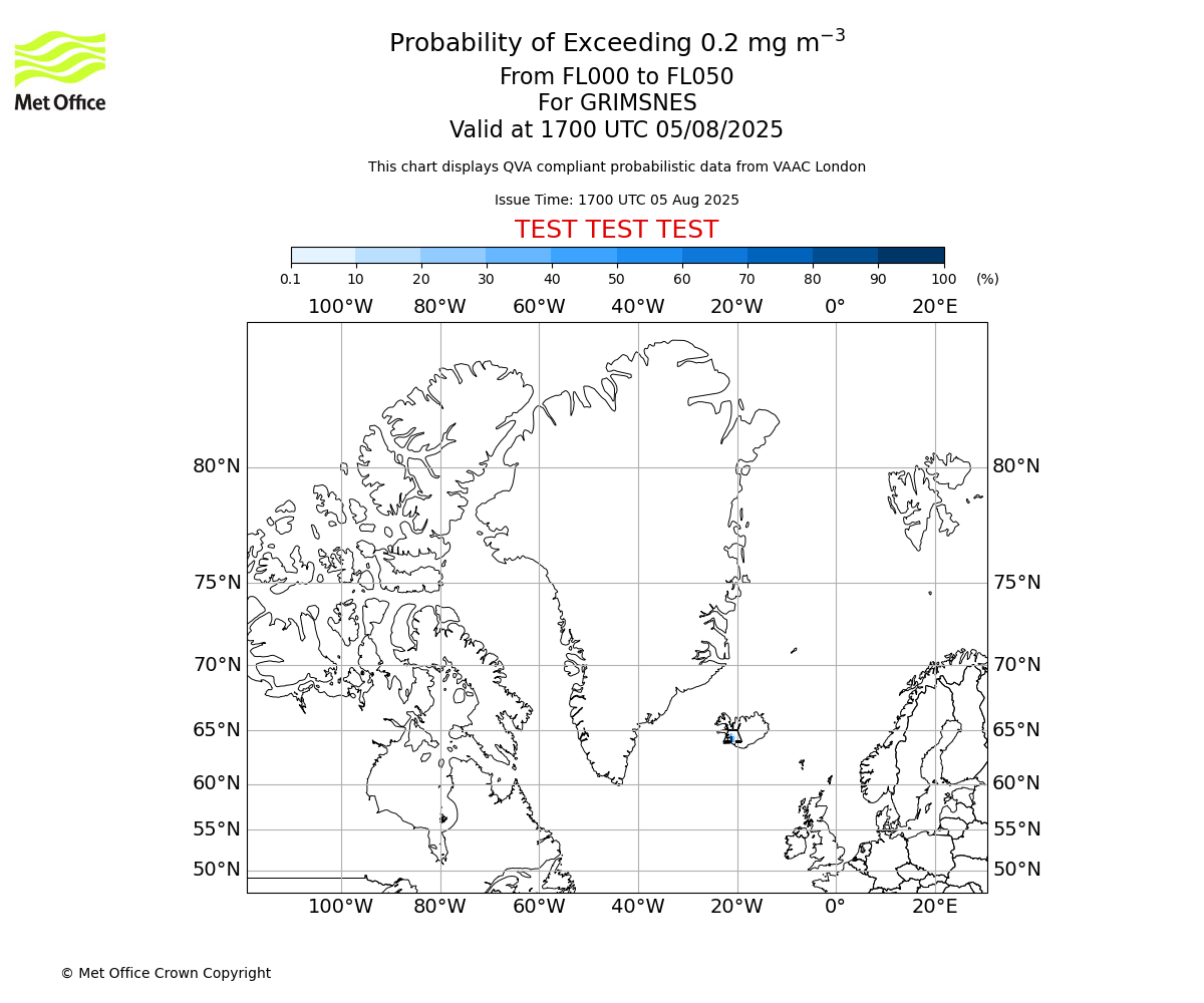 Probability of exceeding 0.2 milligrams per metre cubed. From 000 to 050 for GRIMSNES. Valid at 1700 UTC 05/08/2025
