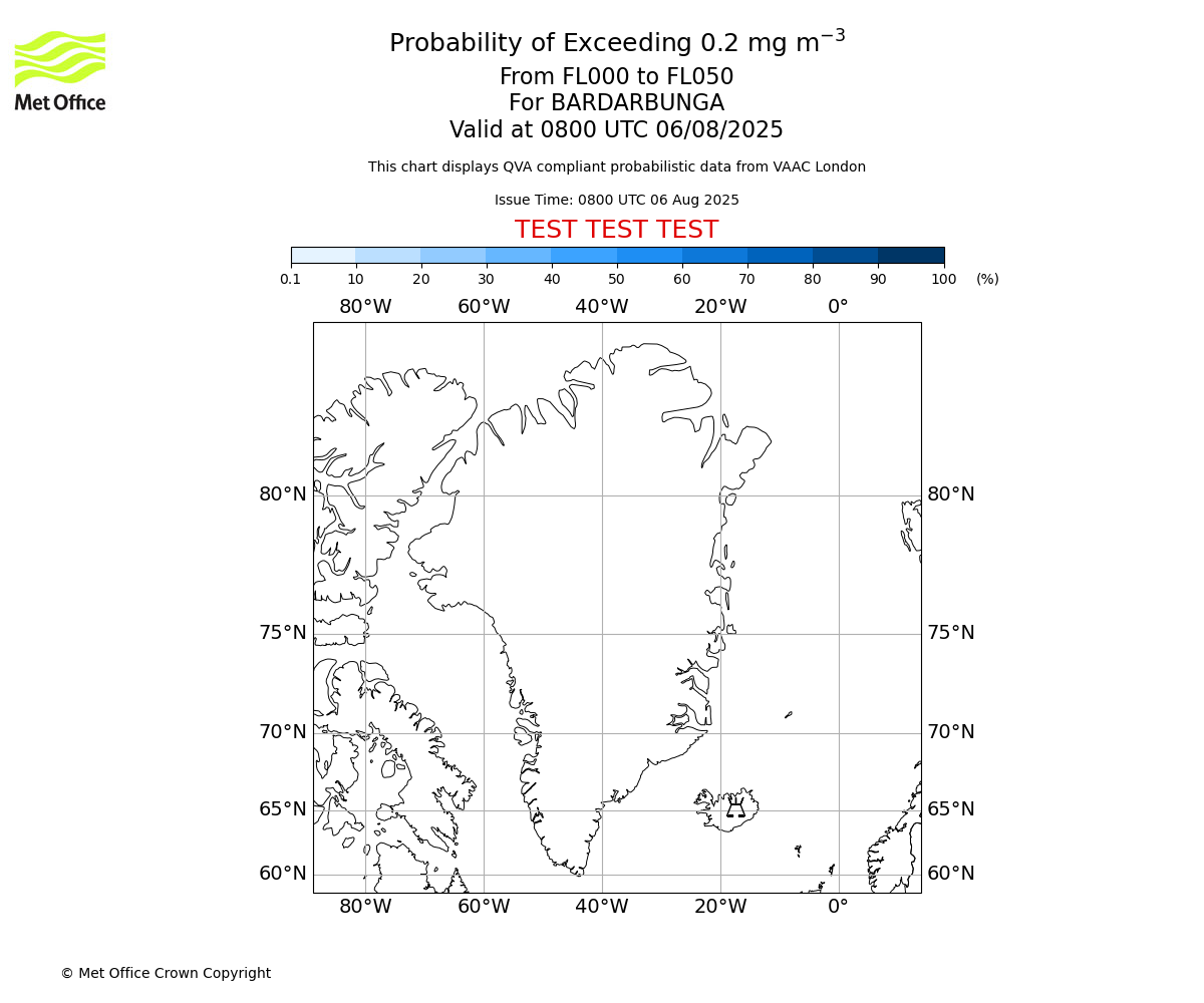 Probability of exceeding 0.2 milligrams per metre cubed. From 000 to 050 for BARDARBUNGA. Valid at 0800 UTC 06/08/2025
