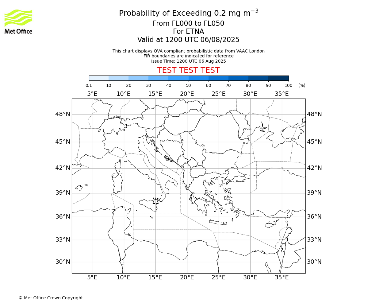 Probability of exceeding 0.2 milligrams per metre cubed. From 000 to 050 for ETNA. Valid at 1200 UTC 06/08/2025