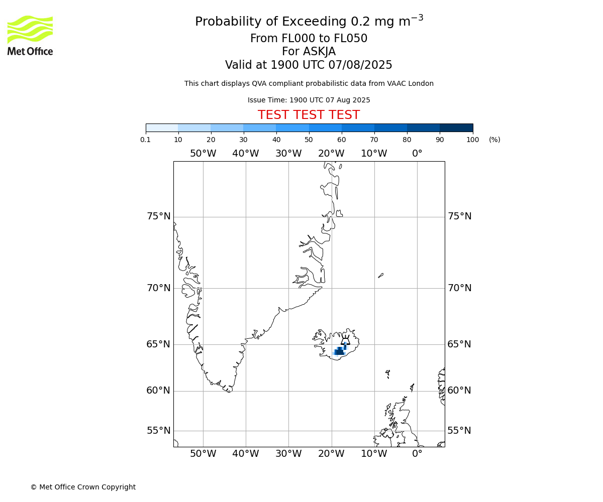 Probability of exceeding 0.2 milligrams per metre cubed. From 000 to 050 for ASKJA. Valid at 1900 UTC 07/08/2025