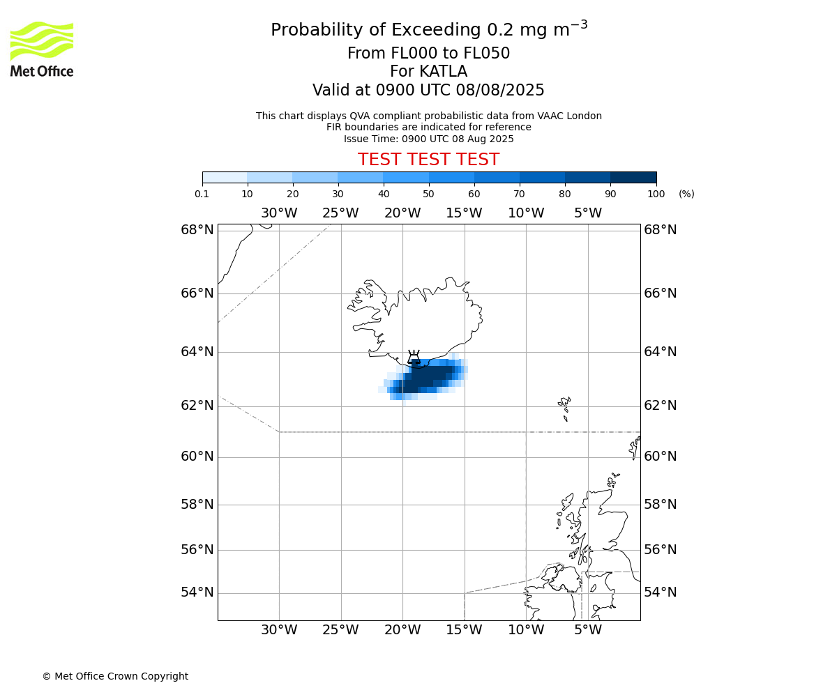 Probability of exceeding 0.2 milligrams per metre cubed. From 000 to 050 for KATLA. Valid at 0900 UTC 08/08/2025