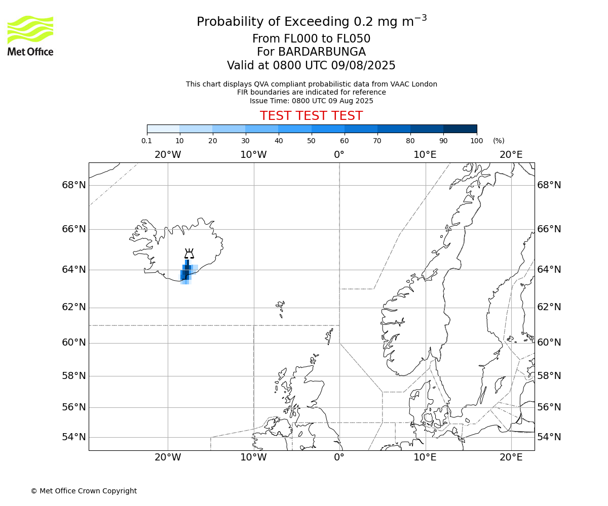 Probability of exceeding 0.2 milligrams per metre cubed. From 000 to 050 for BARDARBUNGA. Valid at 0800 UTC 09/08/2025