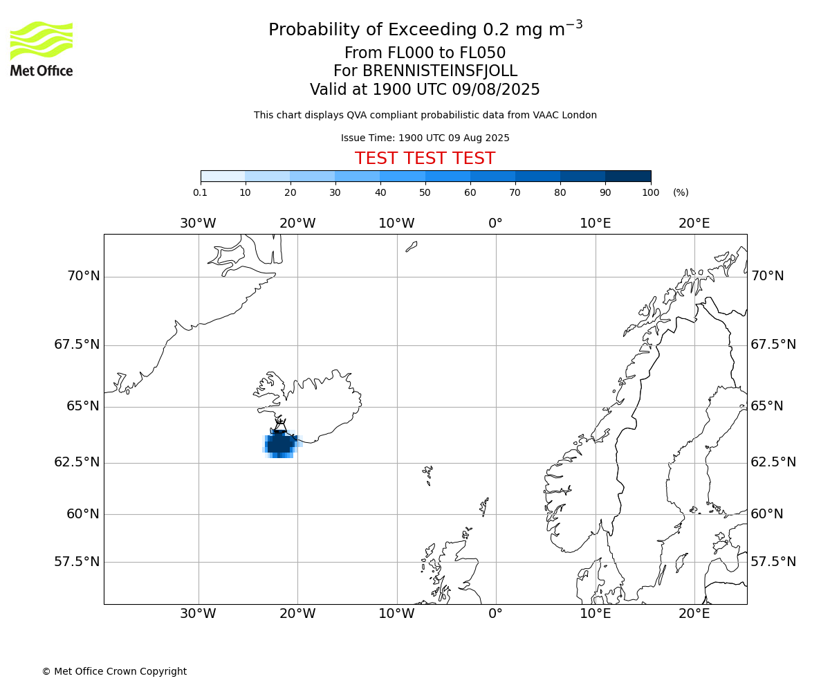 Probability of exceeding 0.2 milligrams per metre cubed. From 000 to 050 for BRENNISTEINSFJOLL. Valid at 1900 UTC 09/08/2025