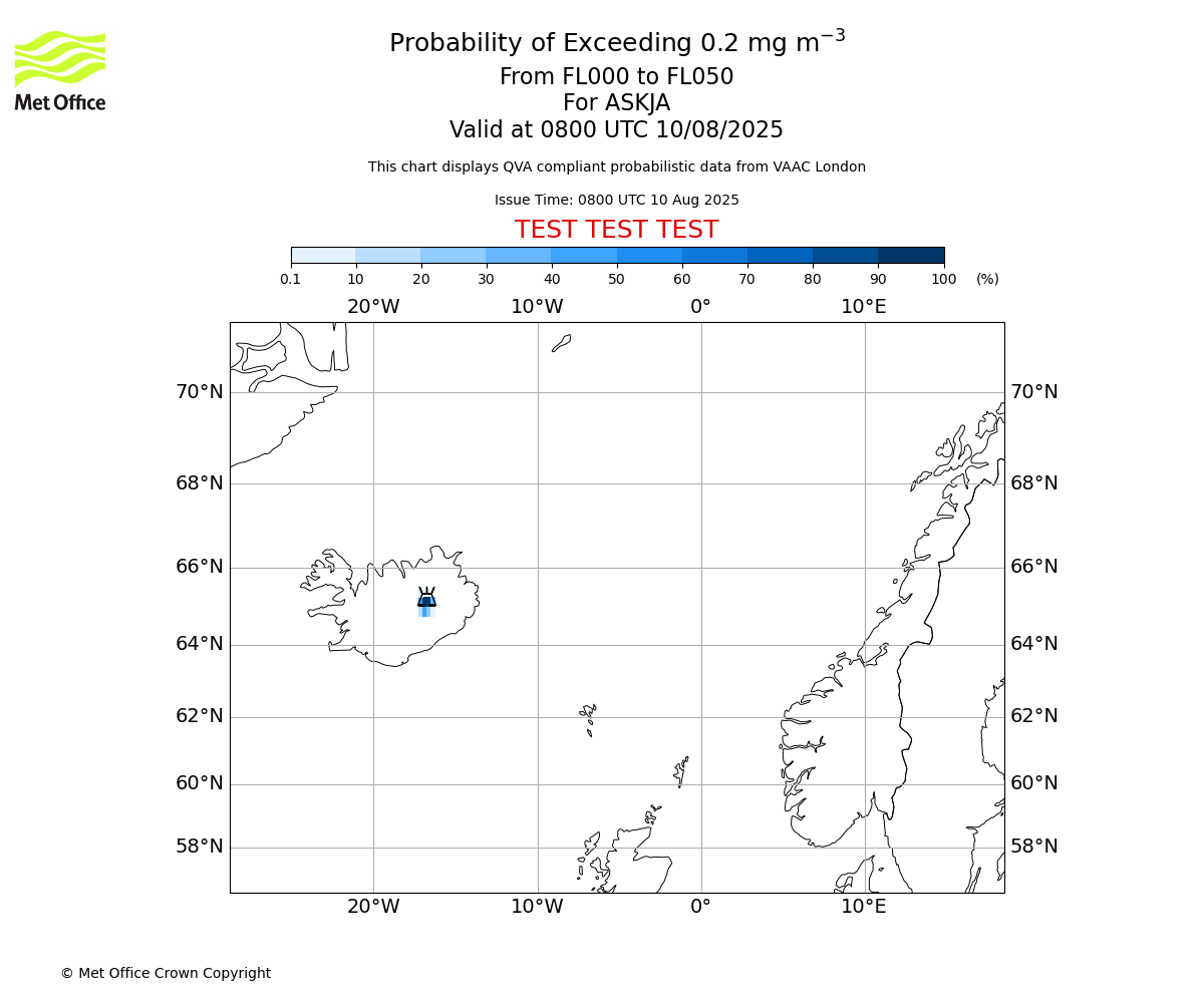 Probability of exceeding 0.2 milligrams per metre cubed. From 000 to 050 for ASKJA. Valid at 0800 UTC 10/08/2025