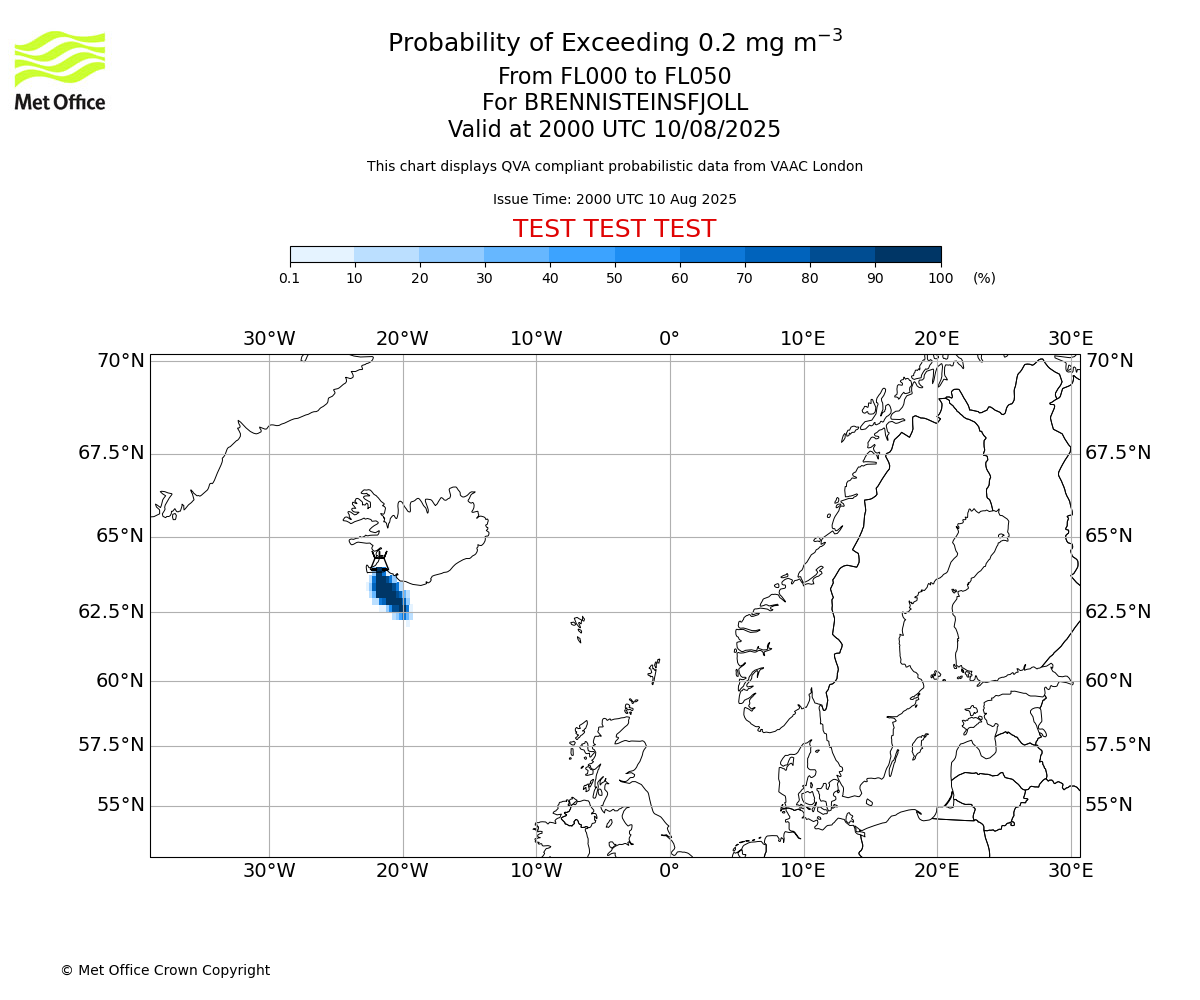Probability of exceeding 0.2 milligrams per metre cubed. From 000 to 050 for BRENNISTEINSFJOLL. Valid at 2000 UTC 10/08/2025