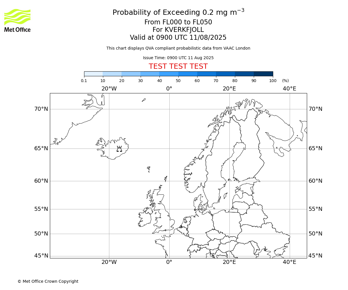 Probability of exceeding 0.2 milligrams per metre cubed. From 000 to 050 for KVERKFJOLL. Valid at 0900 UTC 11/08/2025