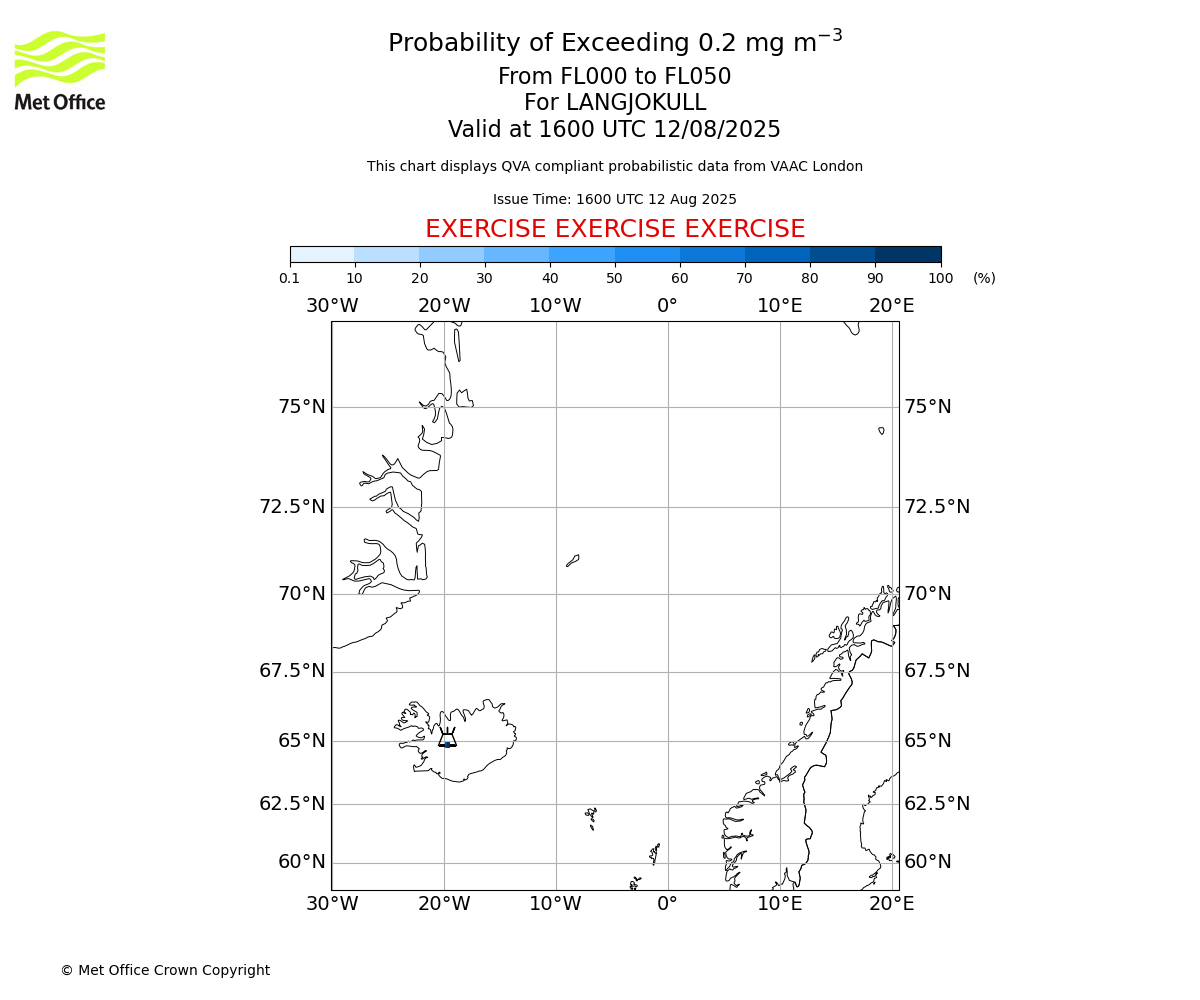 Probability of exceeding 0.2 milligrams per metre cubed. From 000 to 050 for LANGJOKULL. Valid at 1600 UTC 12/08/2025