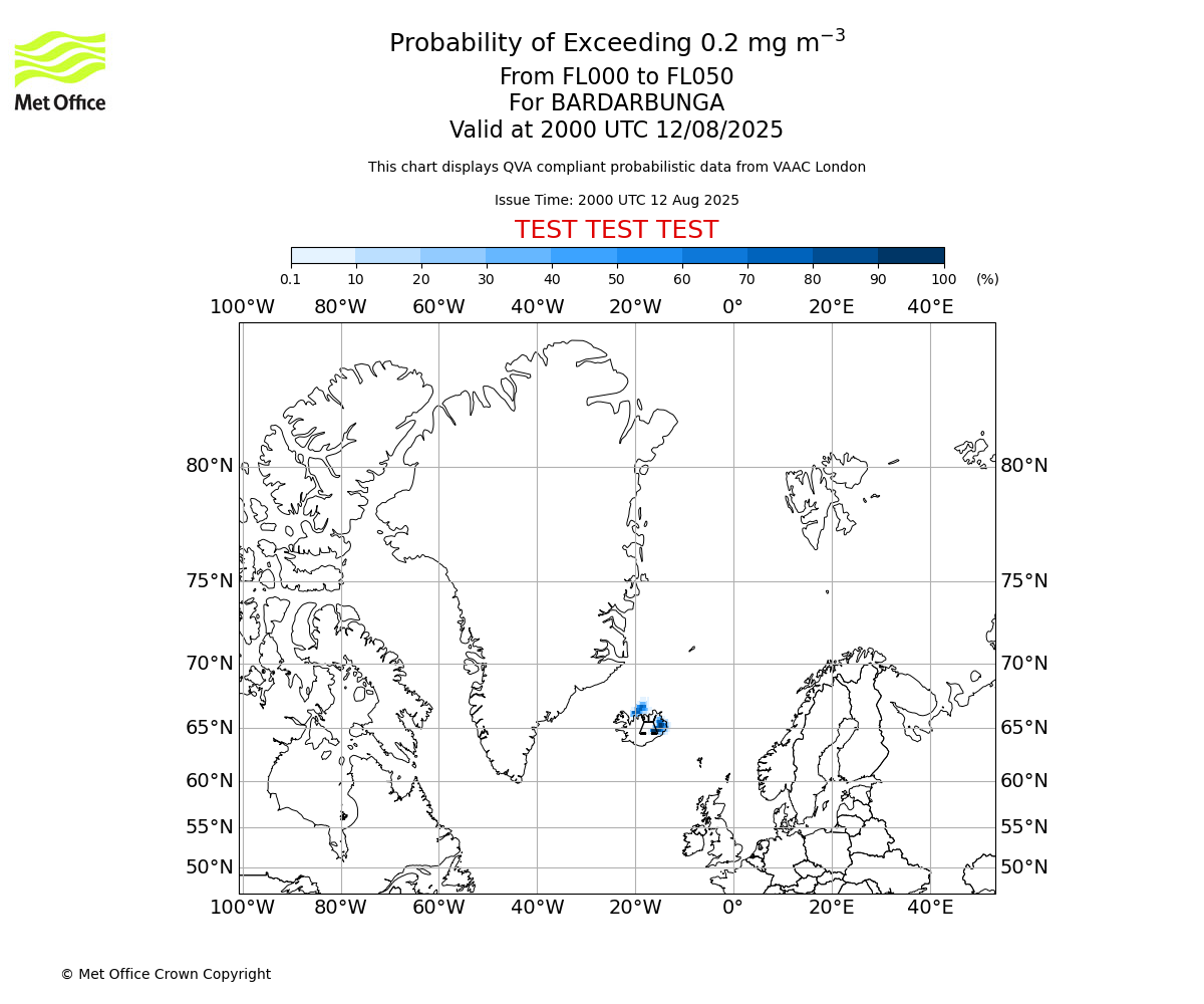 Probability of exceeding 0.2 milligrams per metre cubed. From 000 to 050 for BARDARBUNGA. Valid at 2000 UTC 12/08/2025