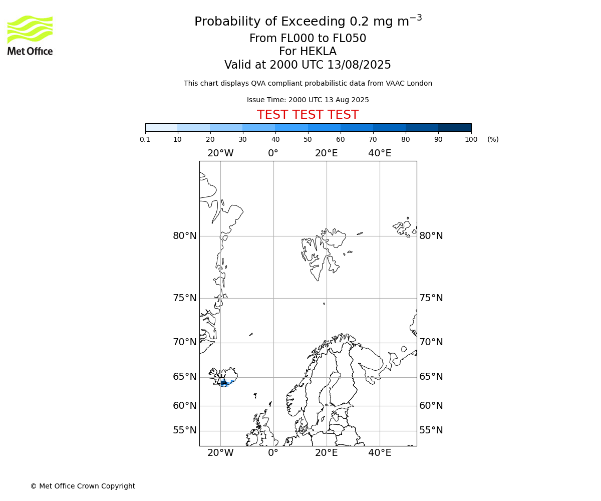 Probability of exceeding 0.2 milligrams per metre cubed. From 000 to 050 for HEKLA. Valid at 2000 UTC 13/08/2025