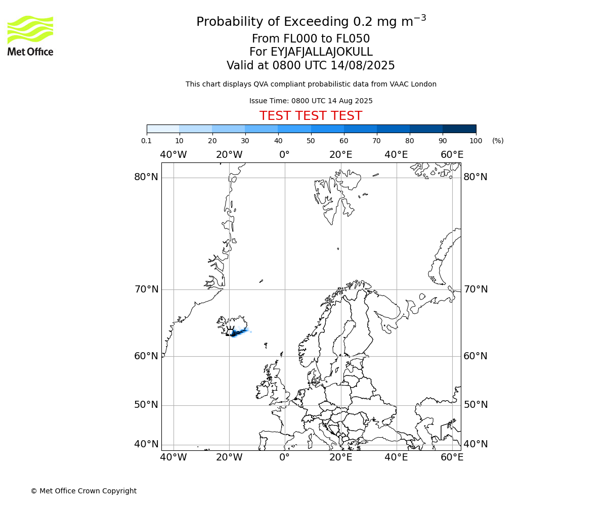 Probability of exceeding 0.2 milligrams per metre cubed. From 000 to 050 for EYJAFJALLAJOKULL. Valid at 0800 UTC 14/08/2025