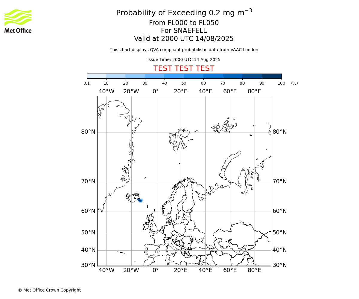 Probability of exceeding 0.2 milligrams per metre cubed. From 000 to 050 for SNAEFELL. Valid at 2000 UTC 14/08/2025