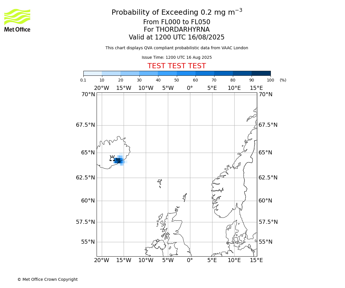 Probability of exceeding 0.2 milligrams per metre cubed. From 000 to 050 for THORDARHYRNA. Valid at 1200 UTC 16/08/2025