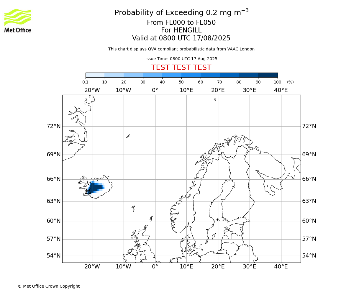 Probability of exceeding 0.2 milligrams per metre cubed. From 000 to 050 for HENGILL. Valid at 0800 UTC 17/08/2025