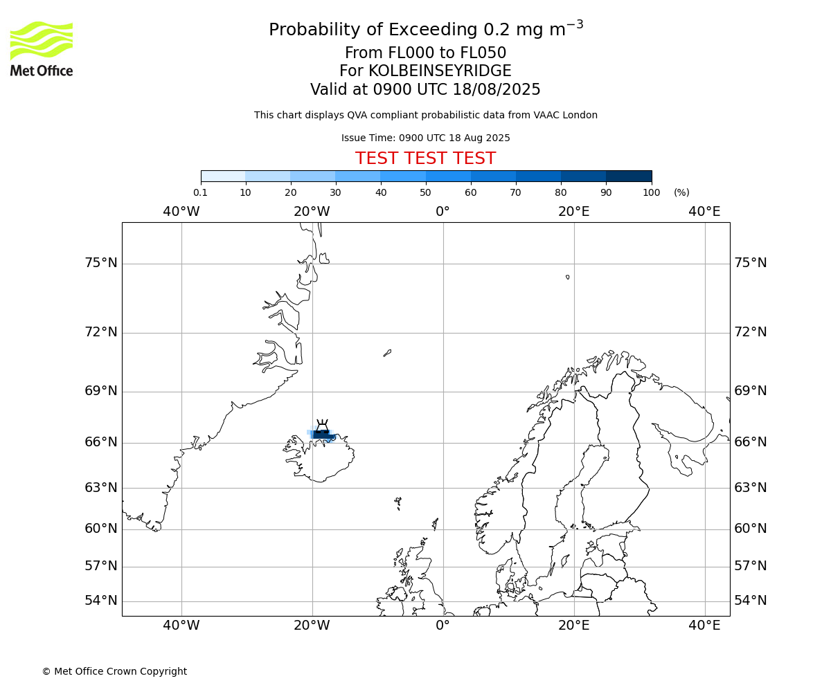 Probability of exceeding 0.2 milligrams per metre cubed. From 000 to 050 for KOLBEINSEYRIDGE. Valid at 0900 UTC 18/08/2025