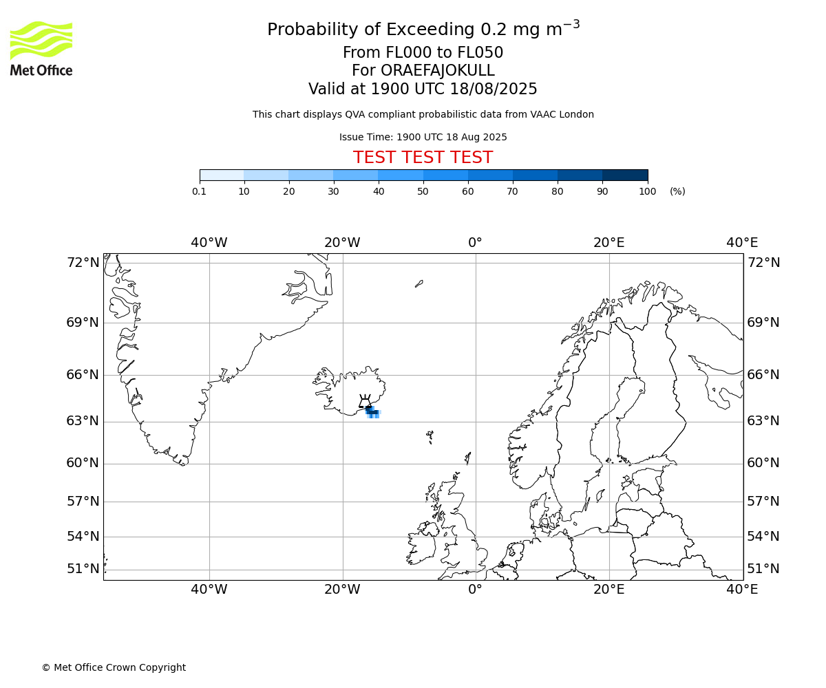 Probability of exceeding 0.2 milligrams per metre cubed. From 000 to 050 for ORAEFAJOKULL. Valid at 1900 UTC 18/08/2025