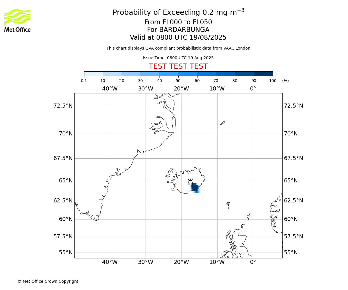 Probability of exceeding 0.2 milligrams per metre cubed. From 000 to 050 for BARDARBUNGA. Valid at 0800 UTC 19/08/2025