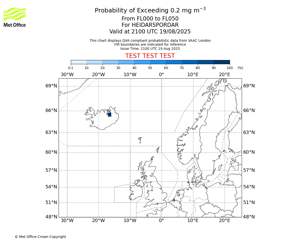 Probability of exceeding 0.2 milligrams per metre cubed. From 000 to 050 for HEIDARSPORDAR. Valid at 2100 UTC 19/08/2025