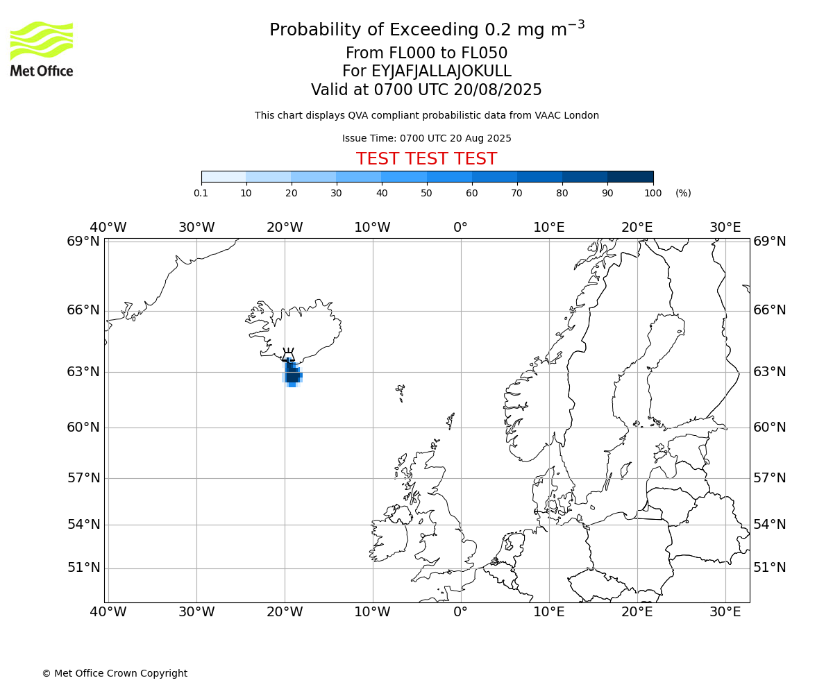 Probability of exceeding 0.2 milligrams per metre cubed. From 000 to 050 for EYJAFJALLAJOKULL. Valid at 0700 UTC 20/08/2025